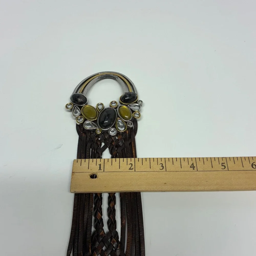Vintage Chico's Braided‎ Brown Leather Belt Amber Black Cabochon Boho Statement